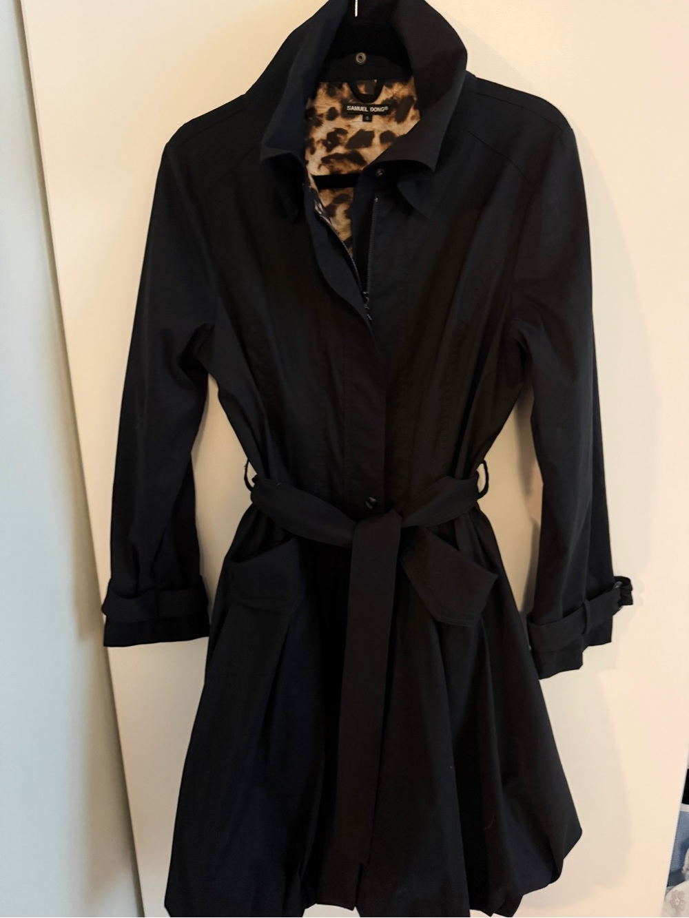 Samuel Dong Black Trench Coat Dress with Leopard Lining